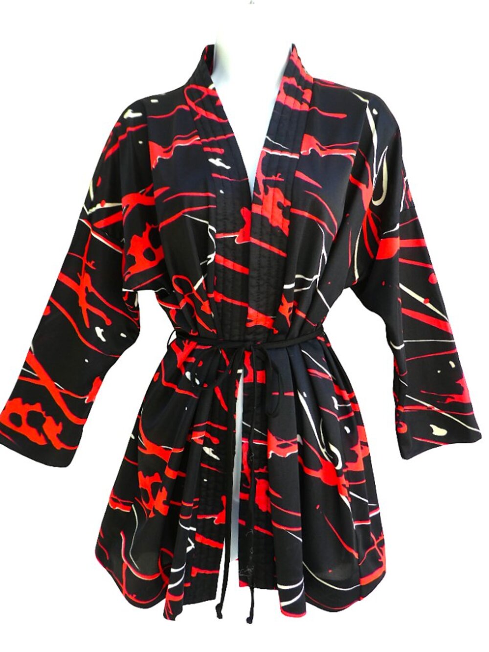 Vintage USA 70s Jantzen Black Nylon Beach Cover Up Robe Red Paint Splash Kimono